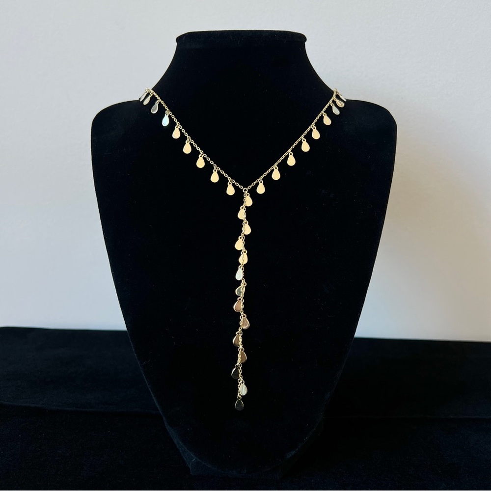 Gold tone elongated drop down teardrop charms lariat dainty necklace